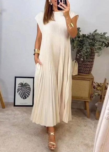 New Beige Wrinkled Pockets Long Dress Summer