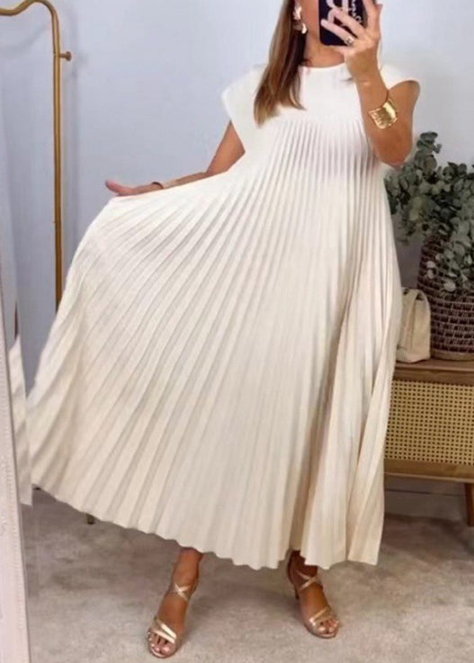 New Beige Wrinkled Pockets Long Dress Summer