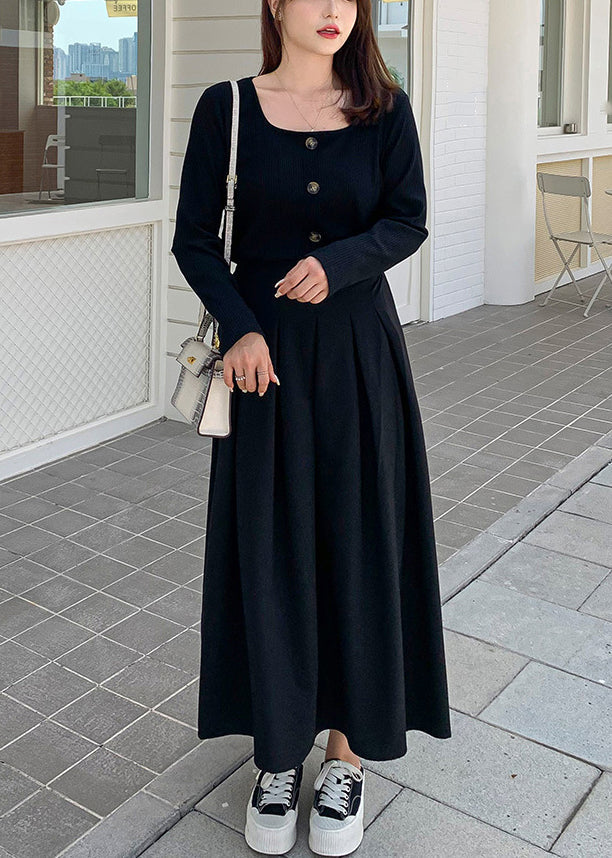 New Black Button Knit Tops and Pleated Skirt Two Piece Set Fall