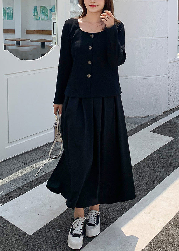 New Black Button Knit Tops and Pleated Skirt Two Piece Set Fall