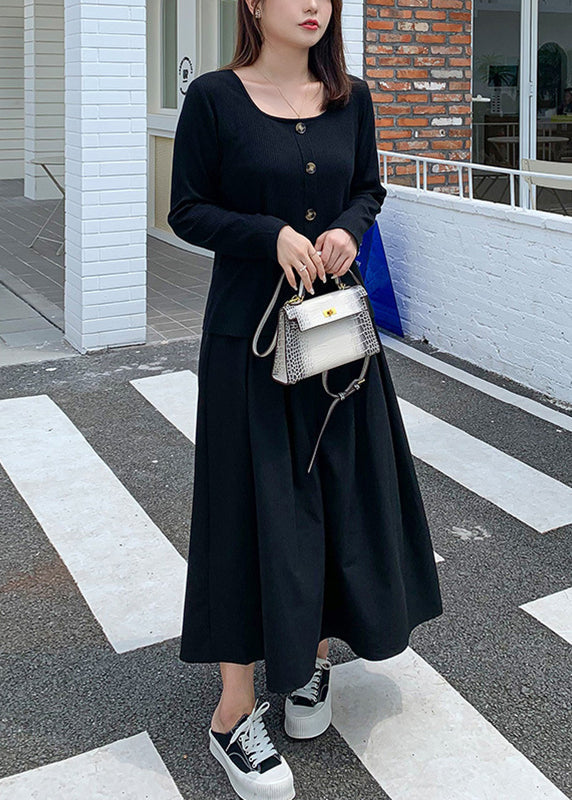 New Black Button Knit Tops and Pleated Skirt Two Piece Set Fall
