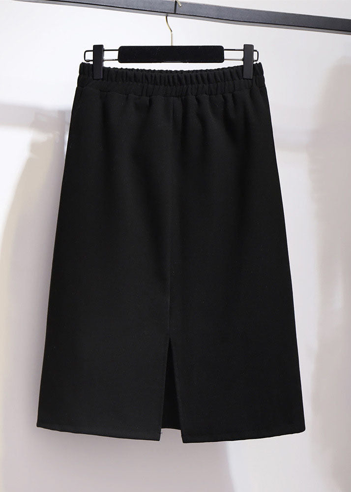 New Black High Waist Side Open Patchwork Woolen a Iine Skirts Fall