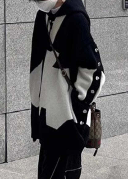 New Black Hooded Cozy Patchwork Knit Sweaters Spring