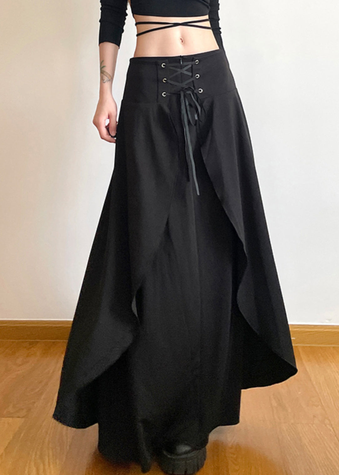 New Black Lace Up High Waist Cotton Skirts Summer