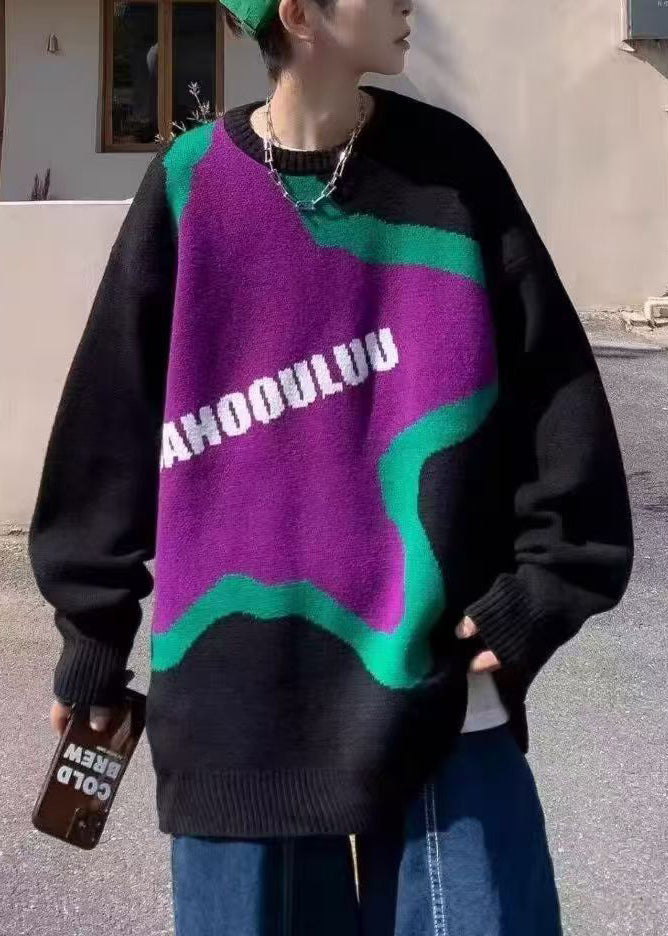 New Black Letter Print Cozy Knit Sweater Winter
