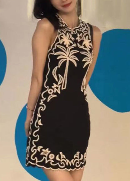 New Black O-neck Print Cotton Mid Dress Sleeveless
