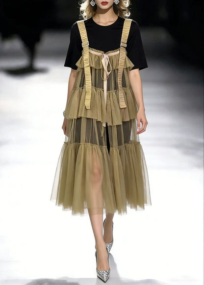 New Black O-neck T Shirt and Khaki Wrinkled Tulle Dress Two Pieces Set Summer