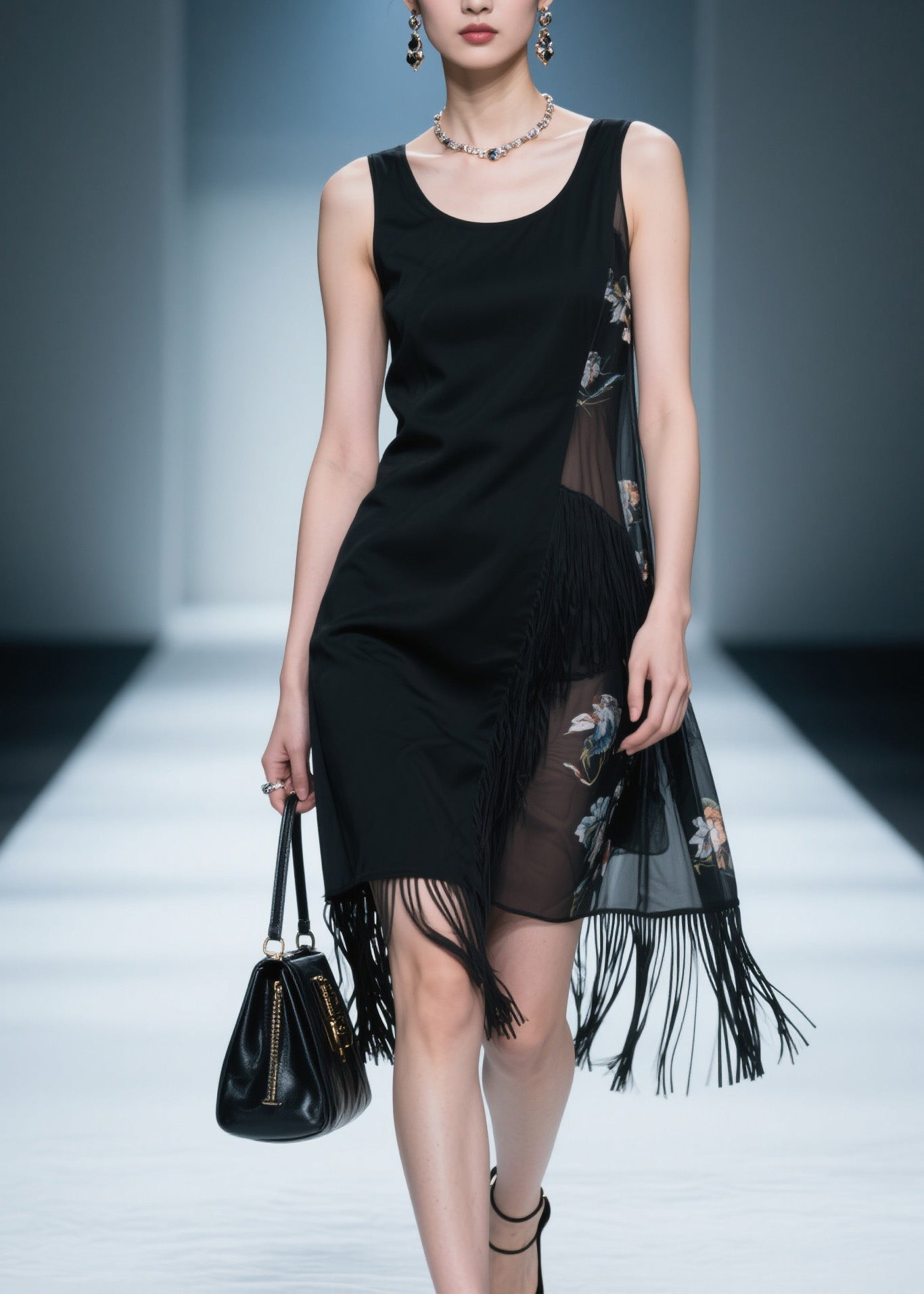 New Black O Neck Tassel Patchwork Cotton Dress Sleeveless