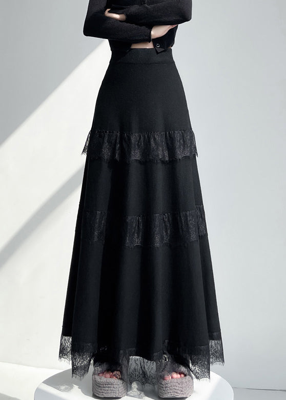New Black Original Design Lace Patchwork Knit a Line Skirts