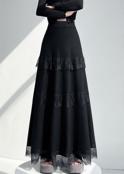 New Black Original Design Lace Patchwork Knit a Line Skirts