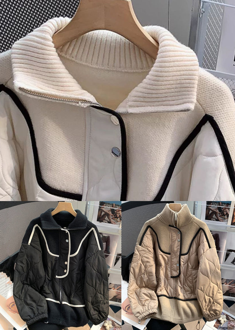 New Black Stand Collar Zip Up Knit Parka Winter