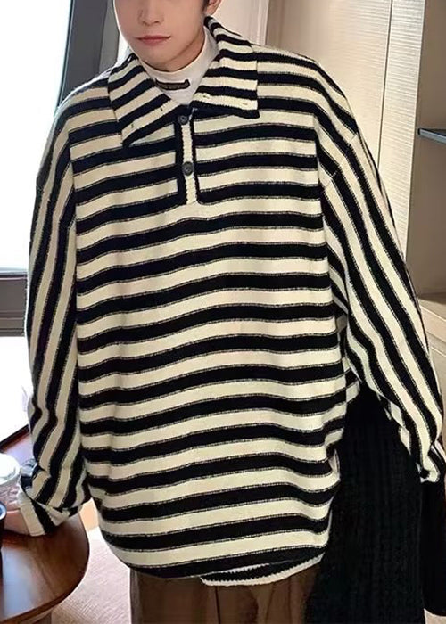 New Black Striped Turtleneck Button Knit Sweaters Fall