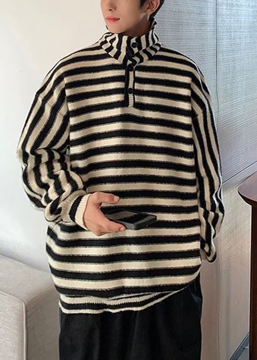 New Black Striped Turtleneck Button Knit Sweaters Fall