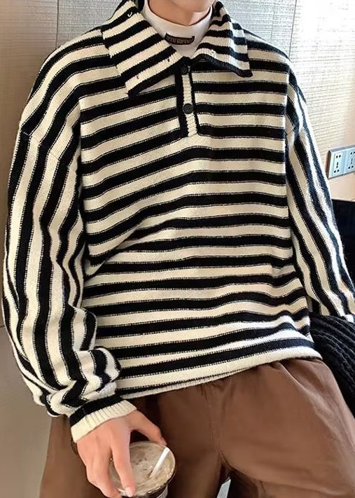 New Black Striped Turtleneck Button Knit Sweaters Fall