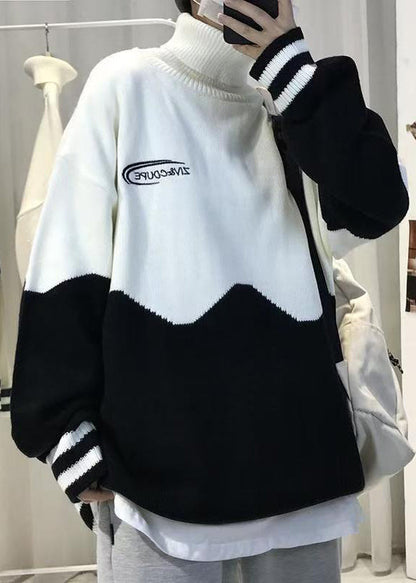 New Black Turtleneck Patchwork Knit Sweaters Winter