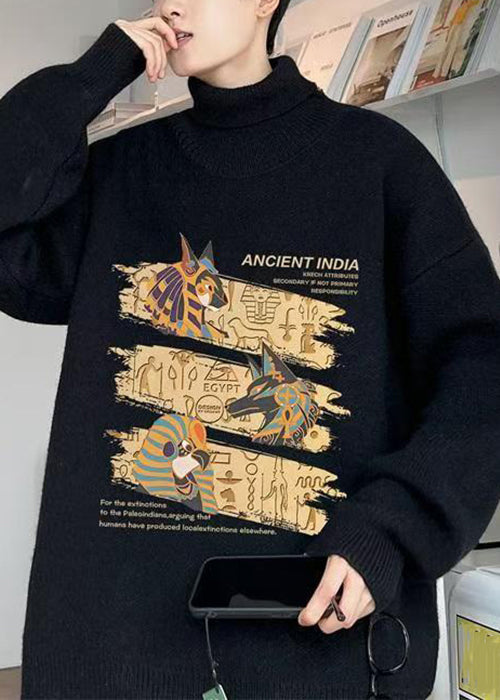 New Black Turtleneck Print Knit Sweaters Pullover Winter