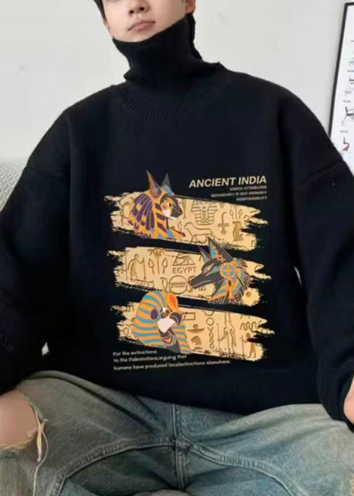 New Black Turtleneck Print Knit Sweaters Pullover Winter