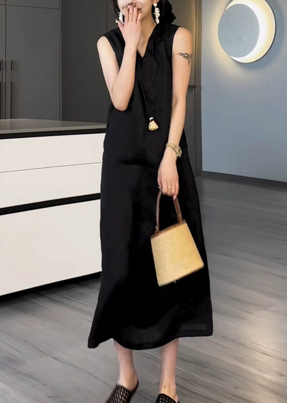 New Black V Neck Pockets Cotton Long Dress Sleeveless