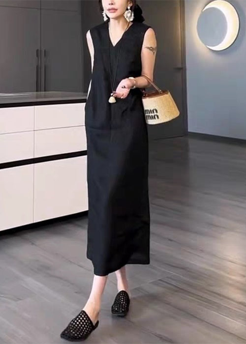 New Black V Neck Pockets Cotton Long Dress Sleeveless