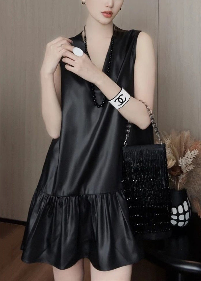 New Black V Neck Silk Mid Dress Sleeveless