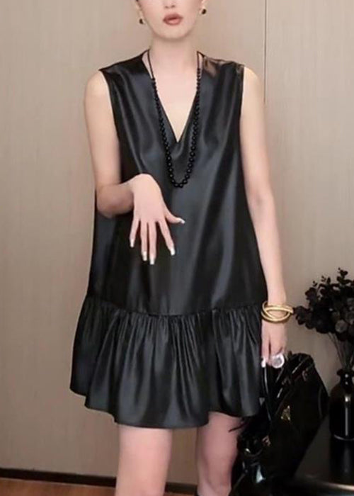 New Black V Neck Silk Mid Dress Sleeveless