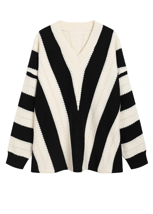New Black V Neck Striped Knit Knit Sweater Spring
