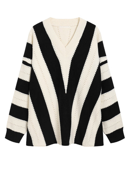 New Black V Neck Striped Knit Knit Sweater Spring