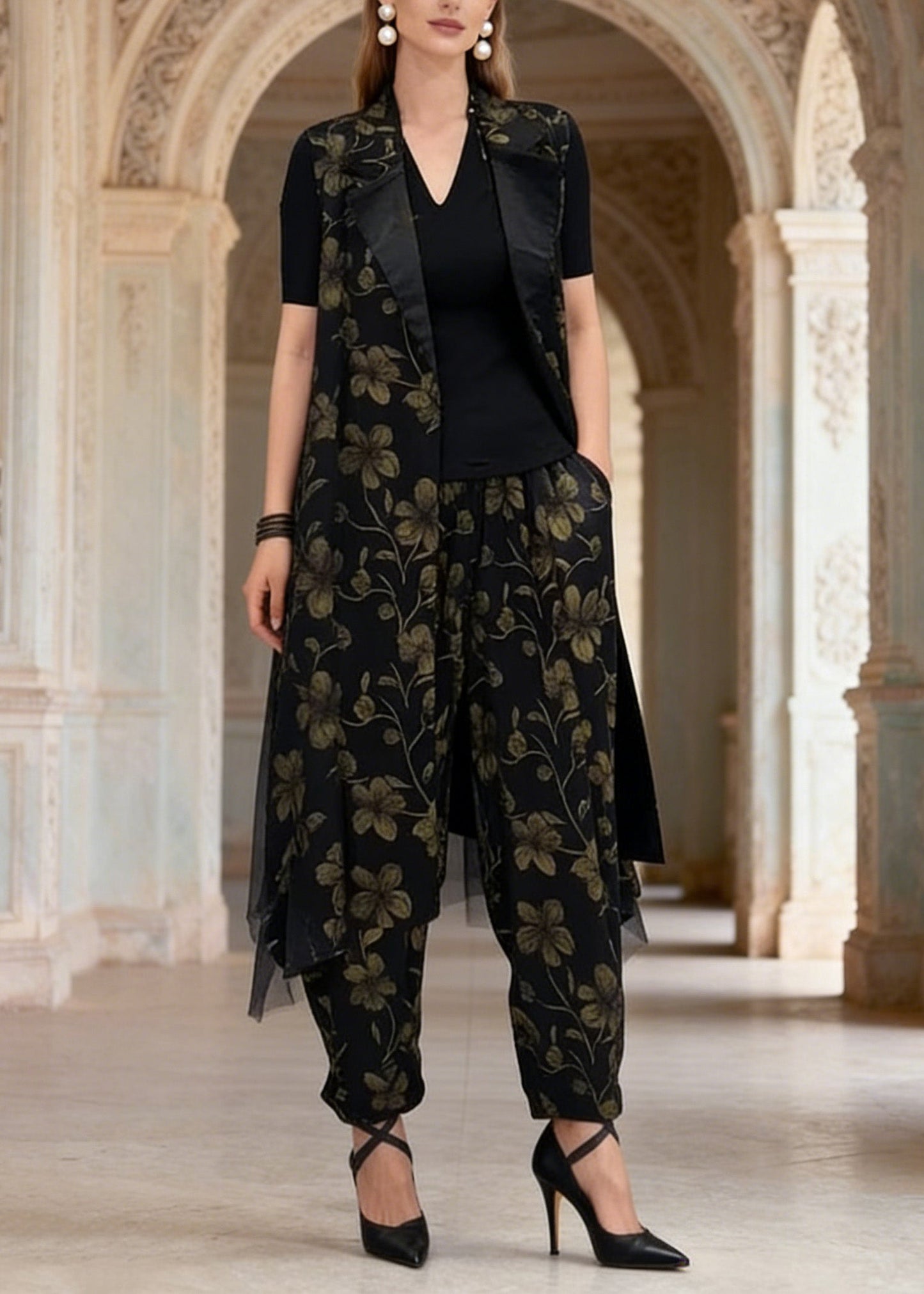 New Black Vest and Pants Jacquard Silk Two Pieces Set Summer
