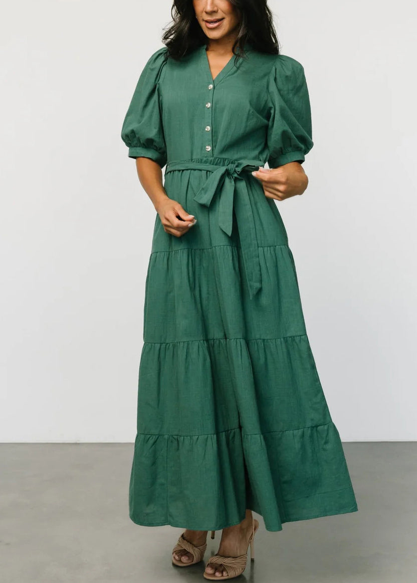 New Blackish Green Tie Waist Cotton Dress Short Sleeve