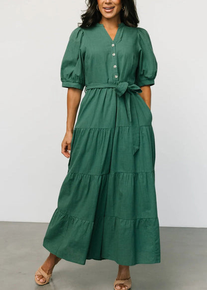 New Blackish Green Tie Waist Cotton Dress Short Sleeve