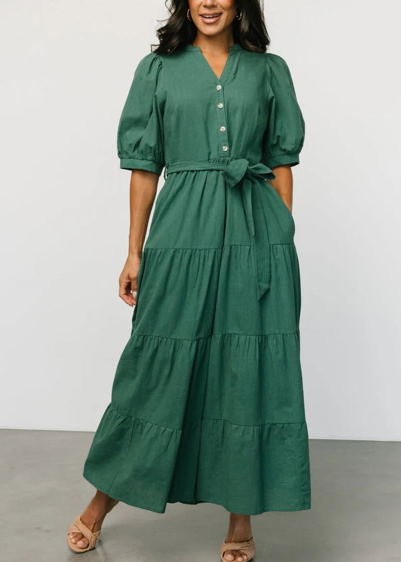 New Blackish Green Tie Waist Cotton Dress Short Sleeve