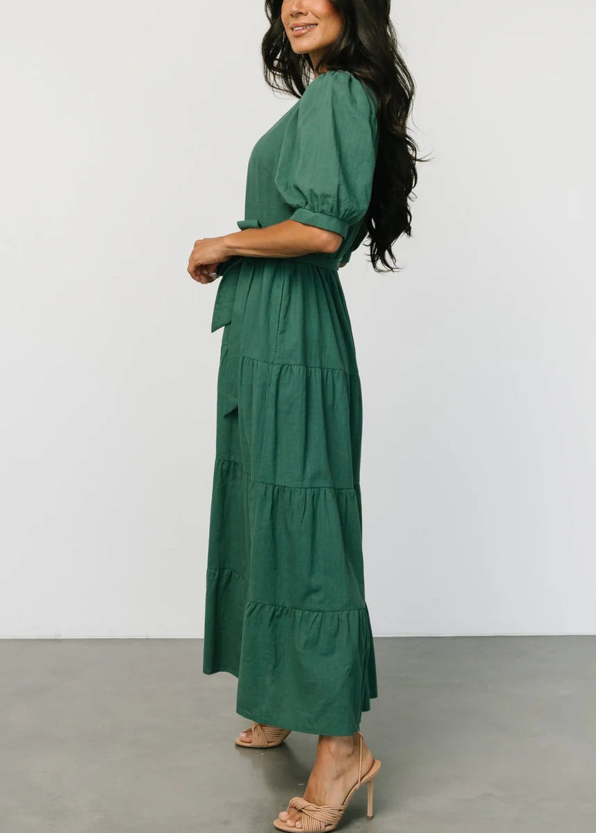 New Blackish Green Tie Waist Cotton Dress Short Sleeve