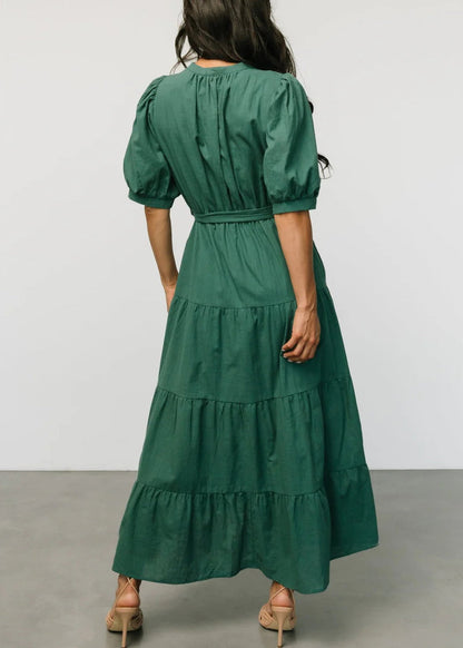 New Blackish Green Tie Waist Cotton Dress Short Sleeve