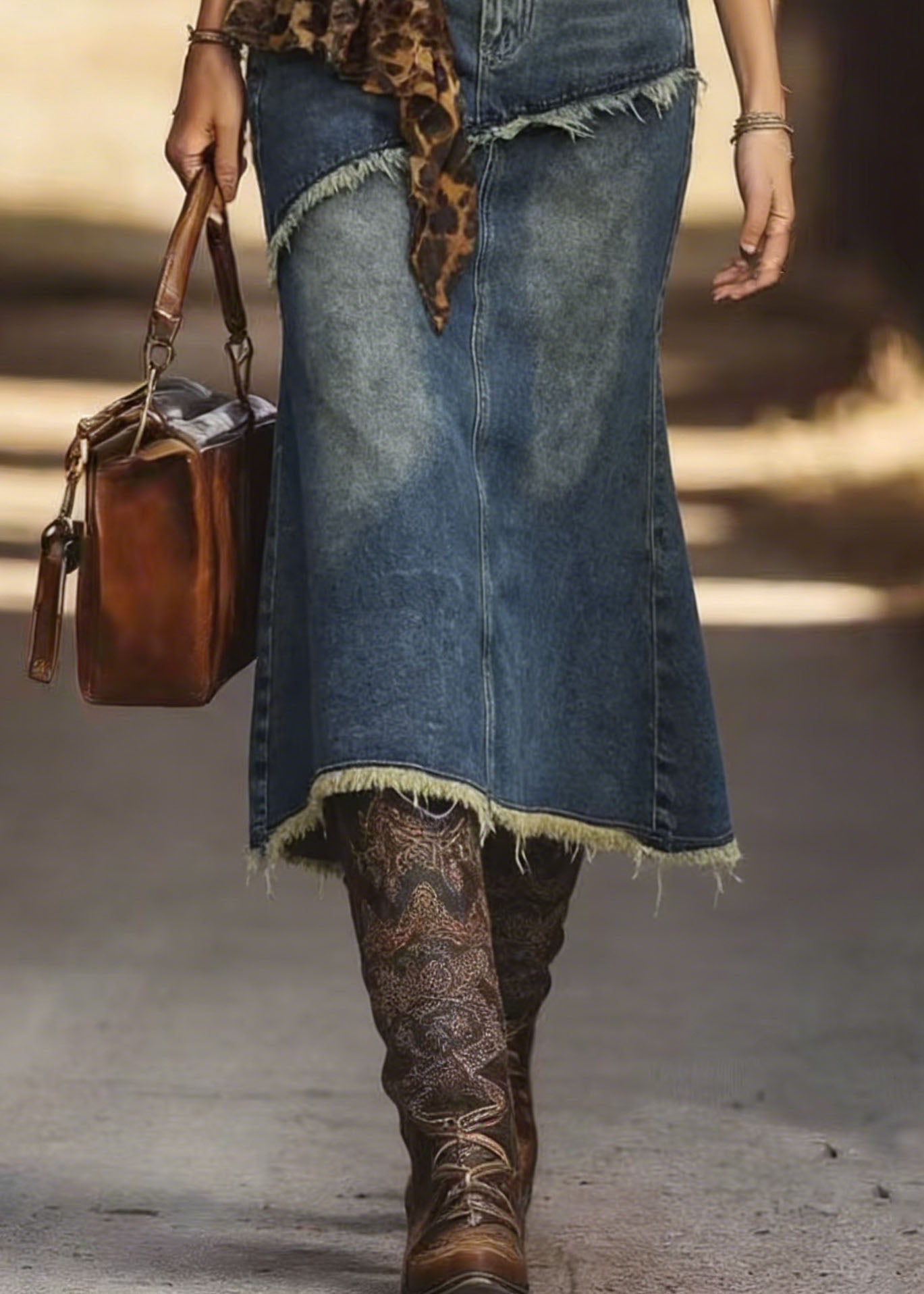 New Blue Fringed Fish Tail Denim Skirt Spring