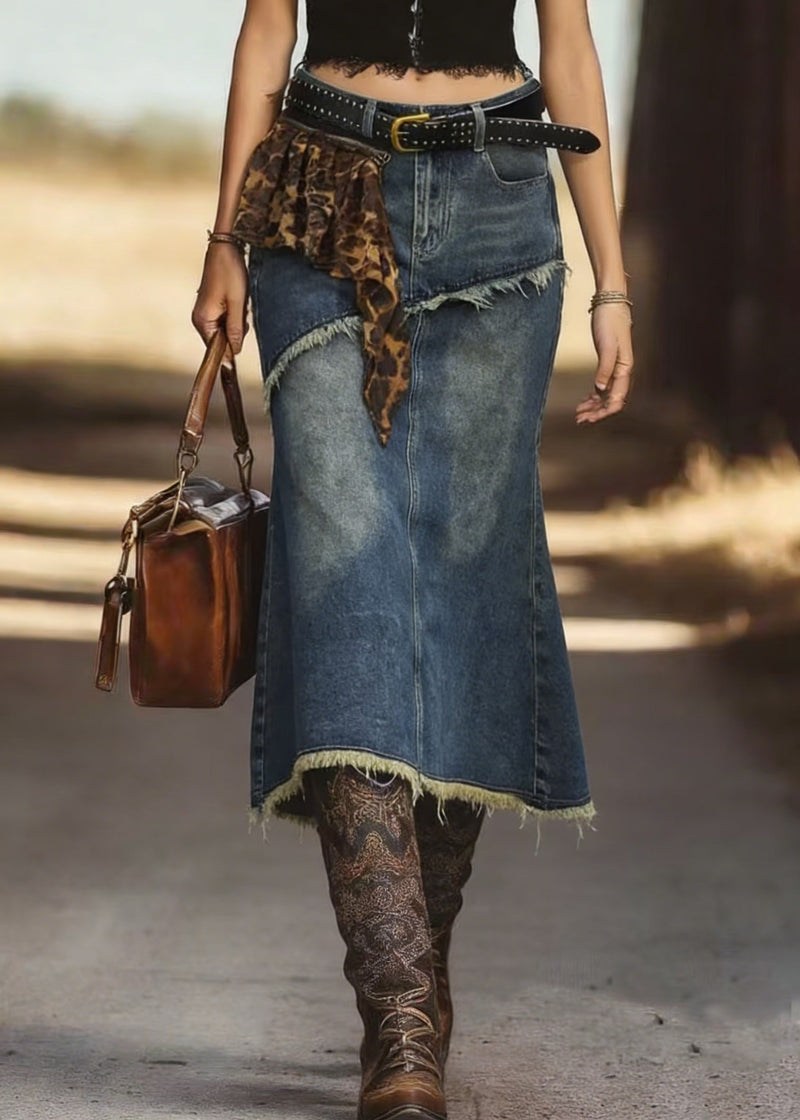 New Blue Fringed Fish Tail Denim Skirt Spring
