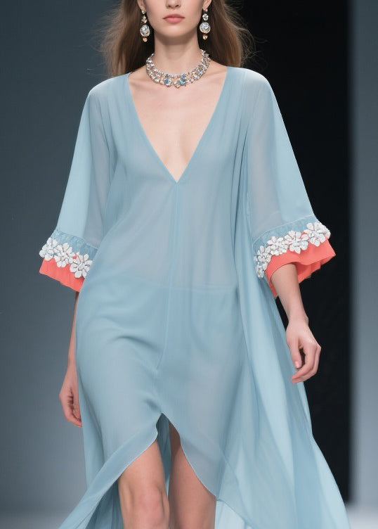 New Blue Low High Design Patchwork Chiffon Dresses Bracelet Sleeve