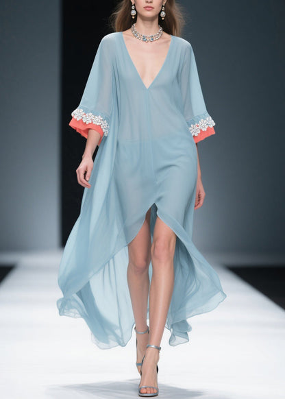 New Blue Low High Design Patchwork Chiffon Dresses Bracelet Sleeve