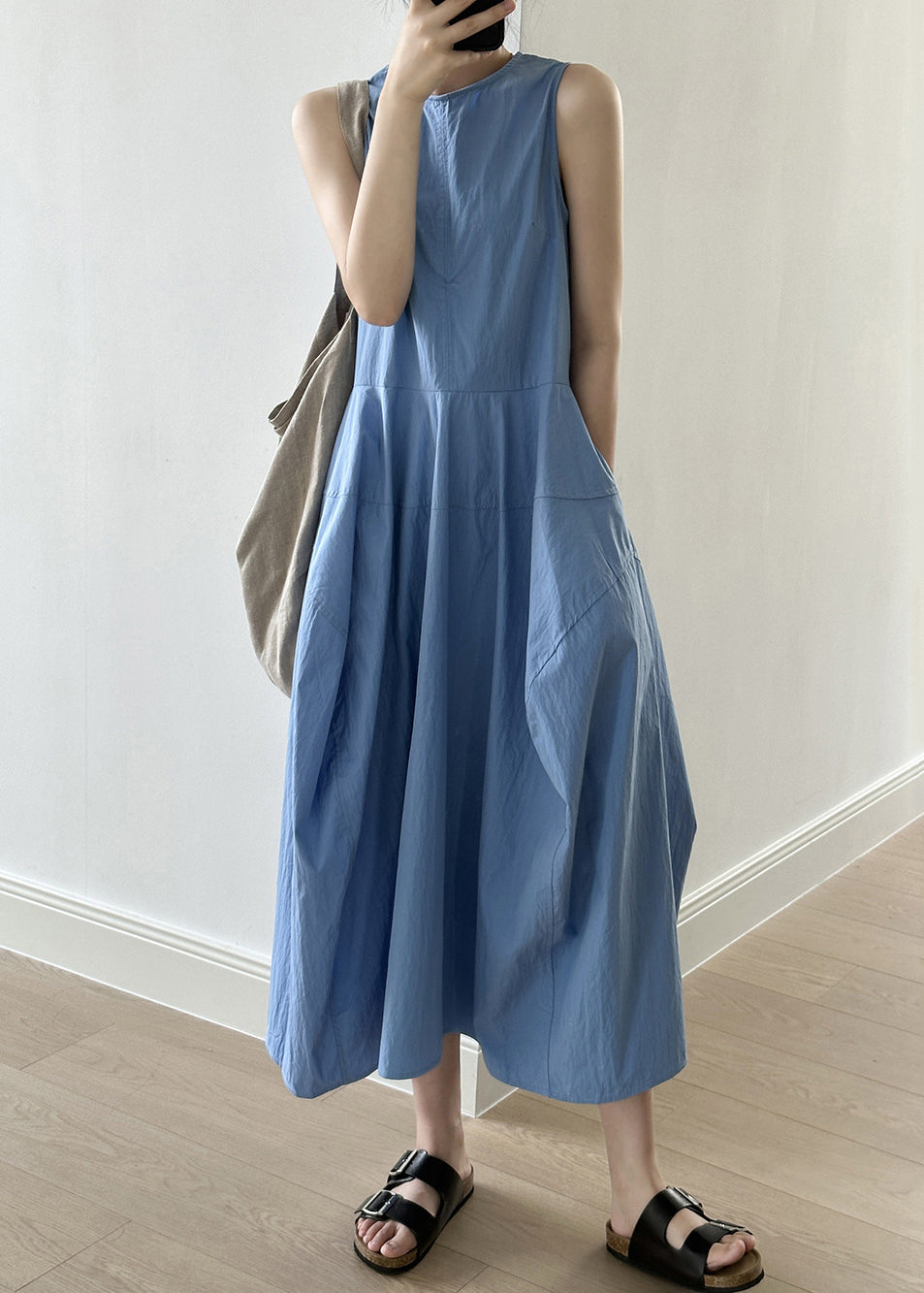 New Blue O-neck Pockets Cotton Long Dresses Sleeveless
