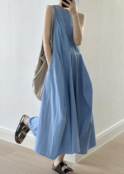 New Blue O-neck Pockets Cotton Long Dresses Sleeveless