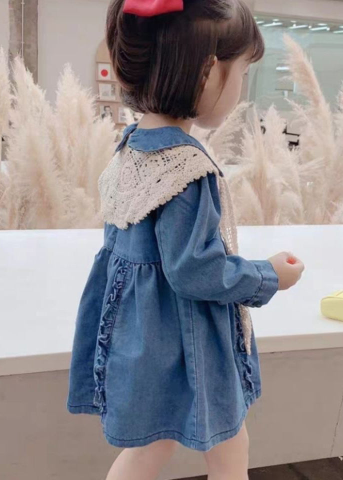 New Blue Peter Pan Collar Ruffled Denim Mid Dresses Long Sleeve