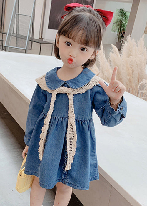New Blue Peter Pan Collar Ruffled Denim Mid Dresses Long Sleeve