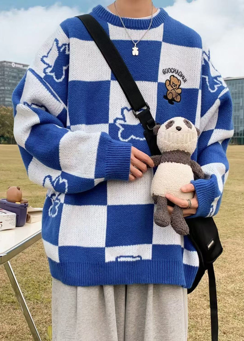 New Blue Plaid Patchwork Knit Sweater Winter