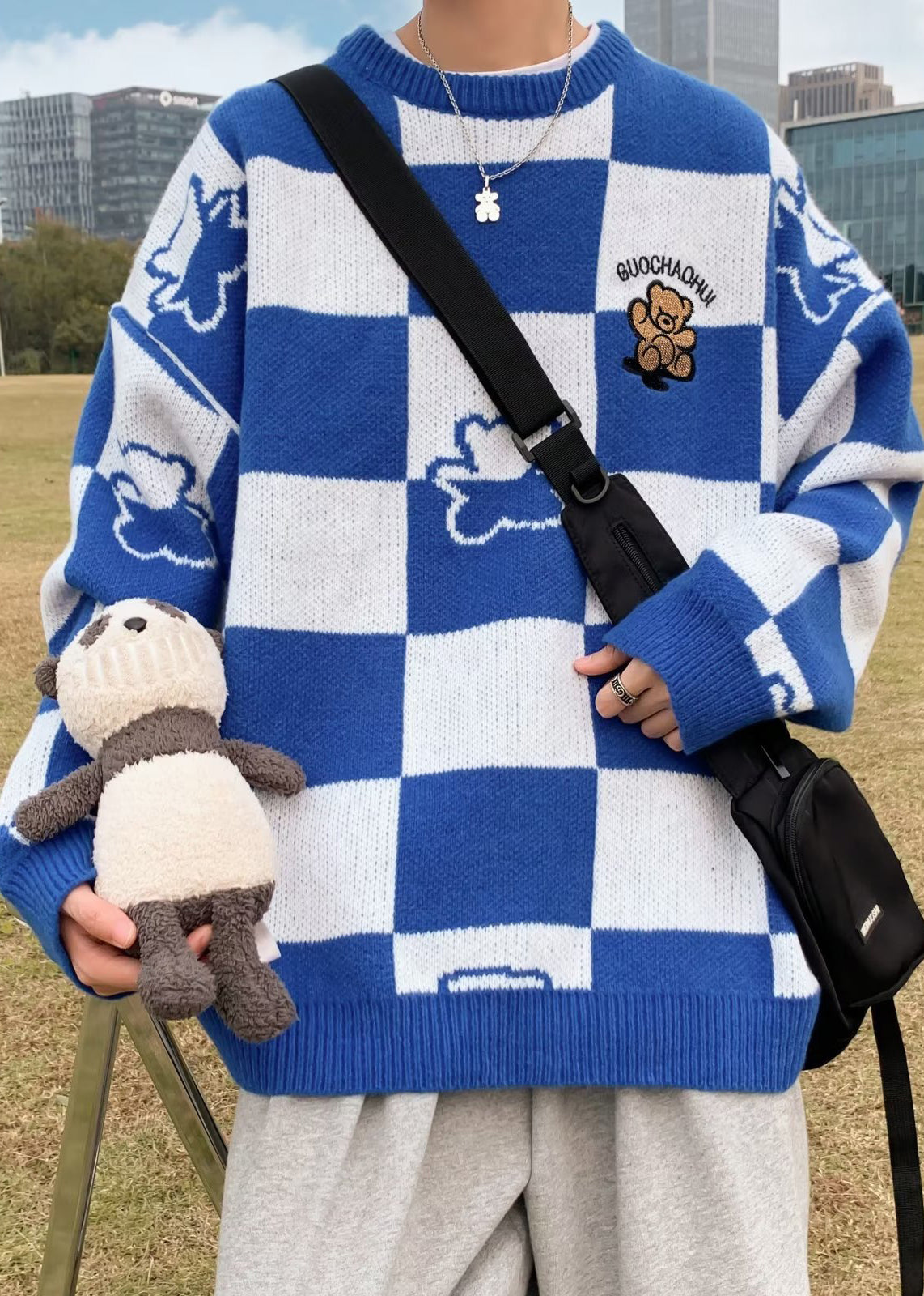 New Blue Plaid Patchwork Knit Sweater Winter
