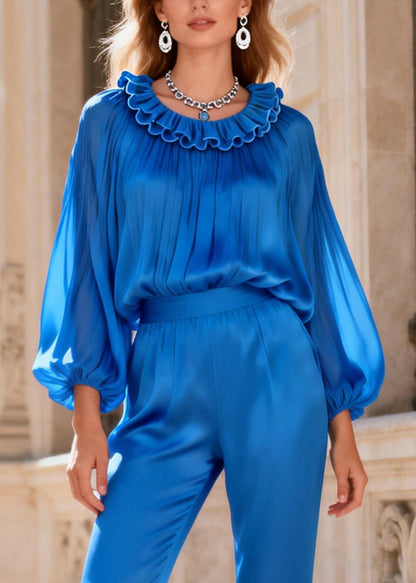 New Blue Ruffled Silk Two Pieces Set Lantern Sleeve