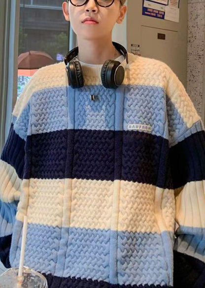 New Blue Striped Cozy Patchwork Knit Sweater Fall