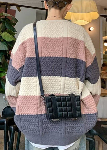 New Blue Striped Cozy Patchwork Knit Sweater Fall