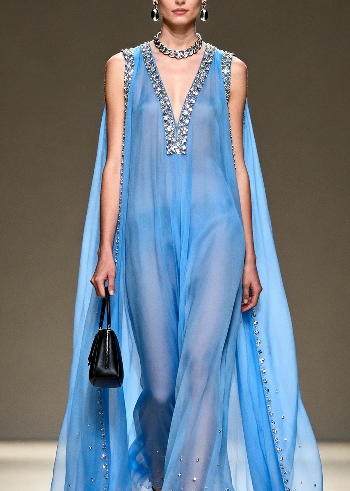 New Blue V Neck Zircon Patchwork Chiffon Maxi Dresses Summer