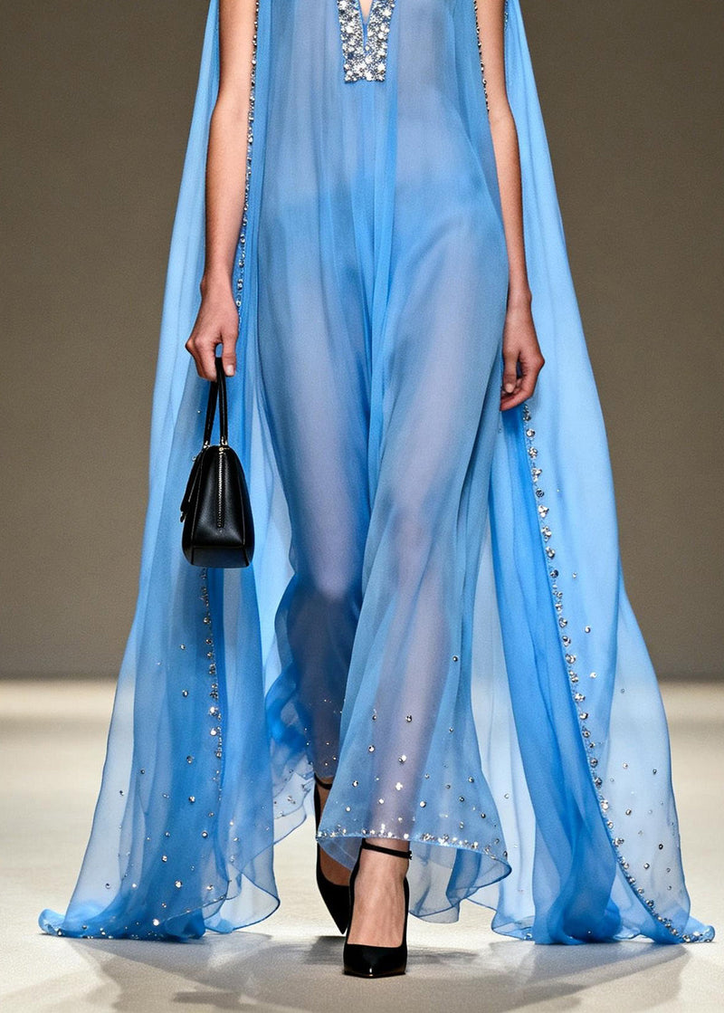 New Blue V Neck Zircon Patchwork Chiffon Maxi Dresses Summer