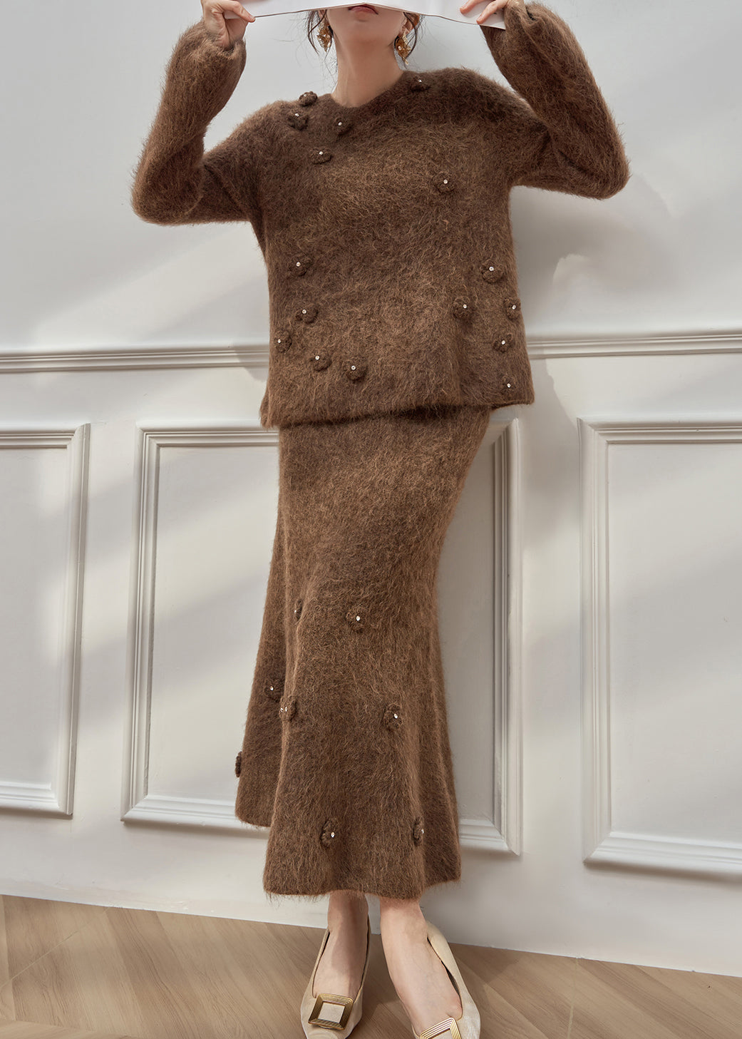 New Brown O-neck Cotton Knit Sweaters and Maxi Skirts Two Pieces Set Spring