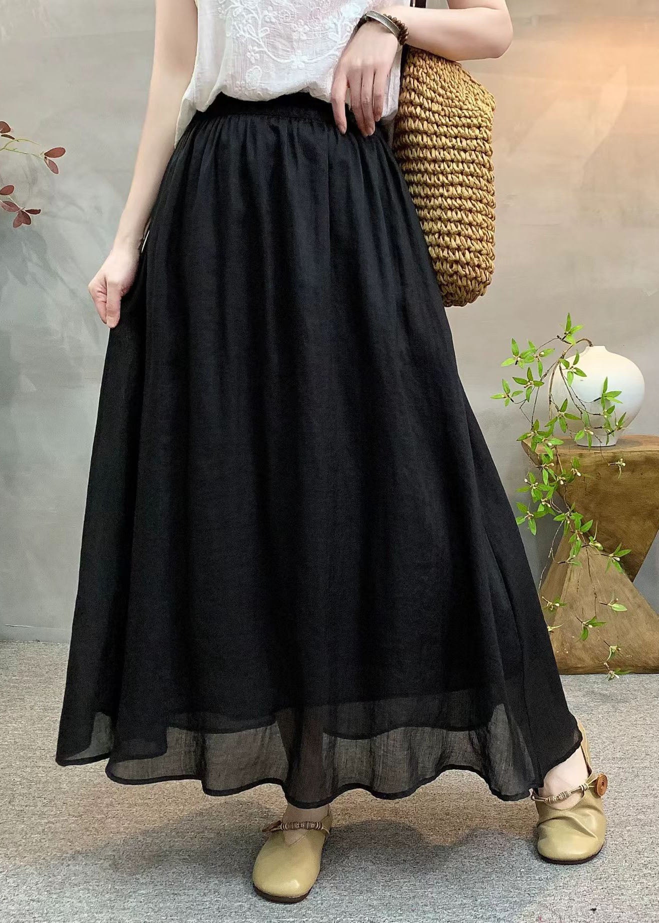 New Navy Elastic Waist Linen Skirts Summer